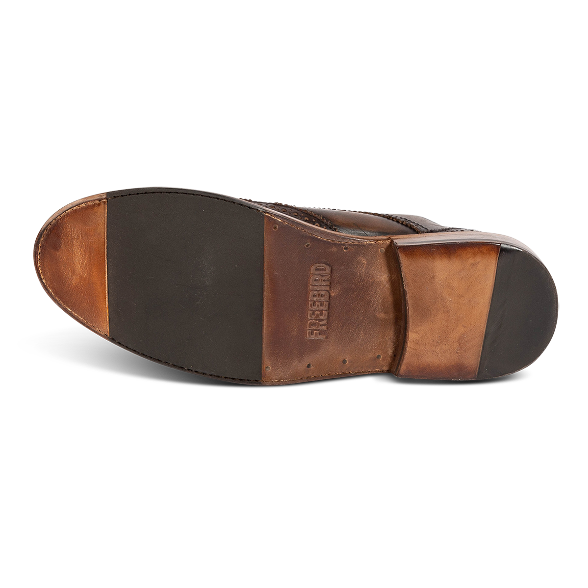 Leather and rubber sole imprinted with FREEBIRD on men's Kensington black distressed leather dress shoe 