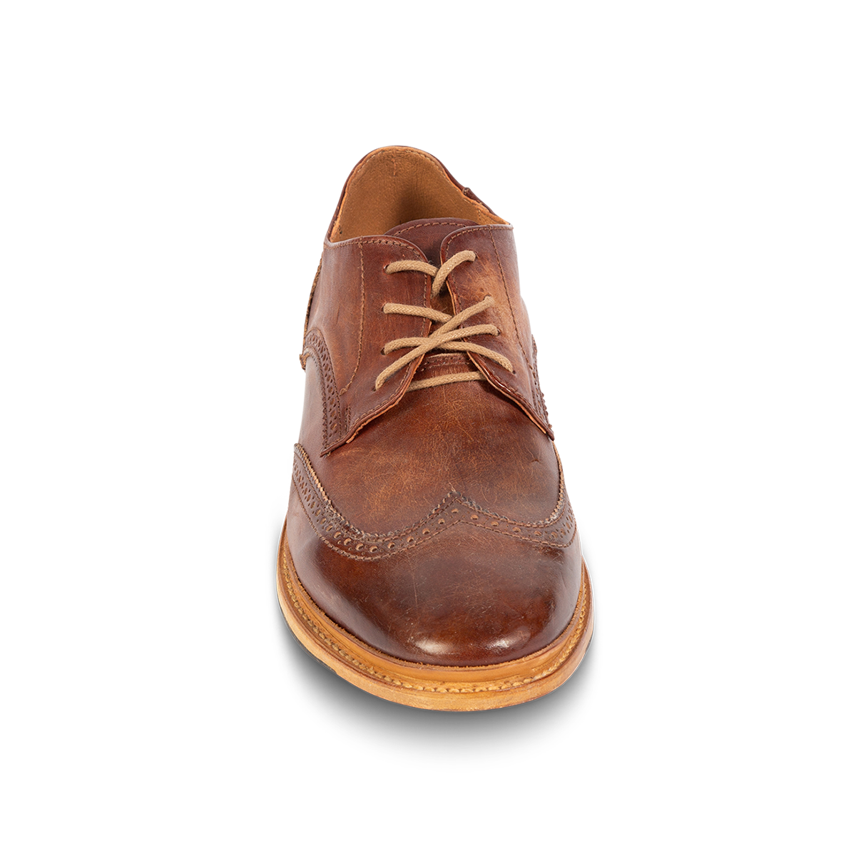 Front view showing FREEBIRD men's Kensington cognac lace dress shoe with an wingtip toe 