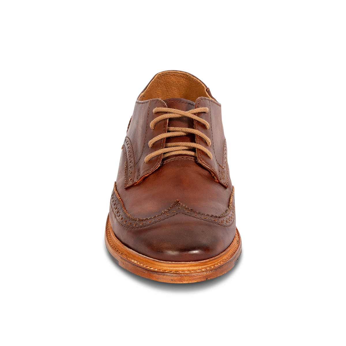 Front view showing FREEBIRD men's Kensington cognac lace dress shoe with an wingtip toe 