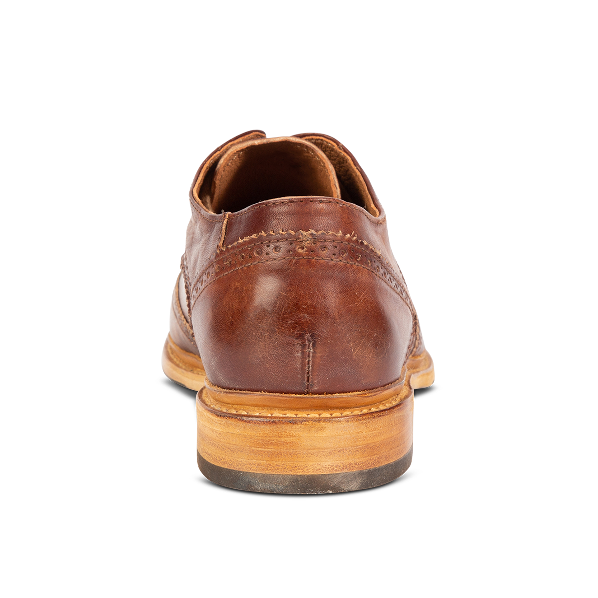 Back view showing a low heel on FREEBIRD men's Kensington cognac lace dress shoe