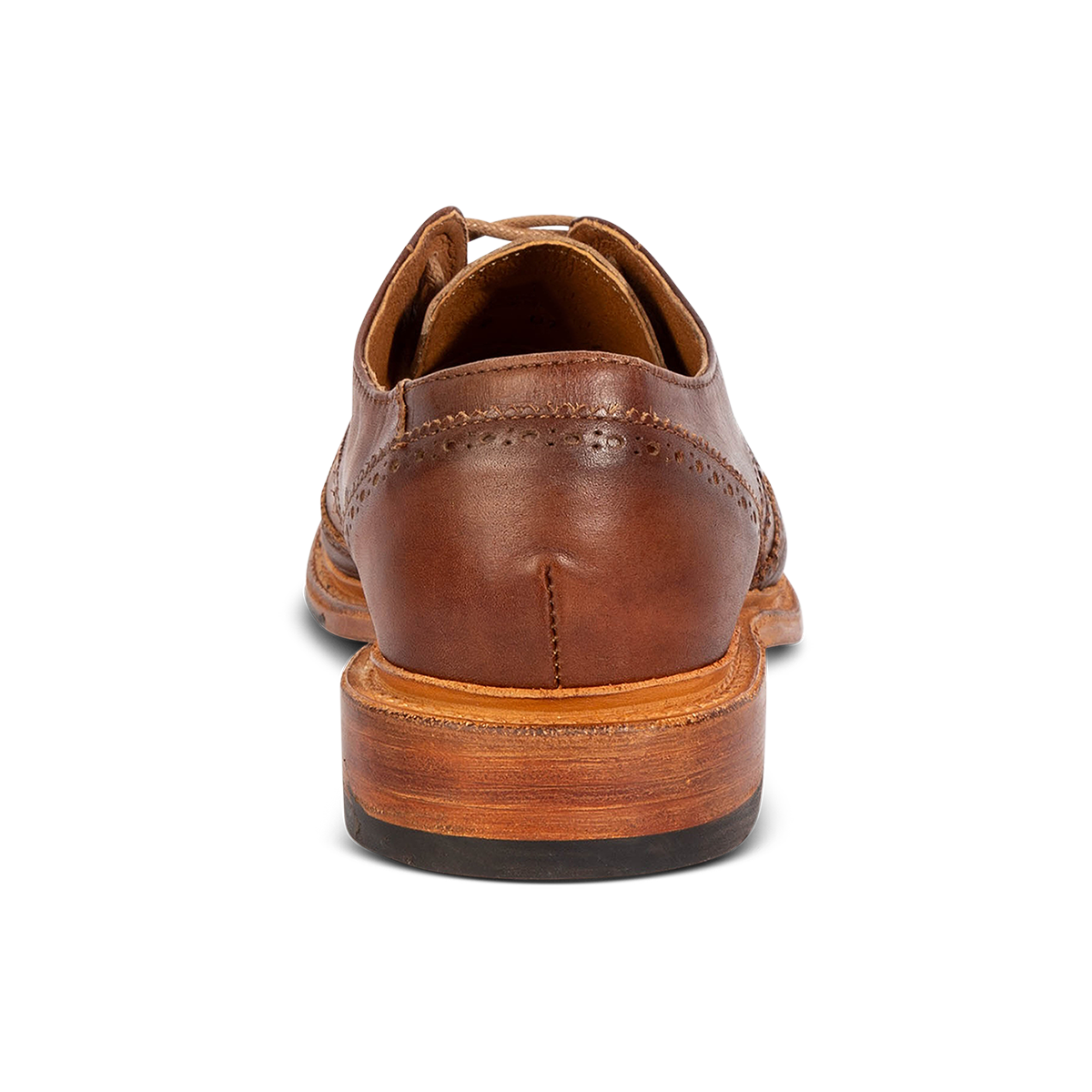 Back view showing a low heel on FREEBIRD men's Kensington cognac lace dress shoe