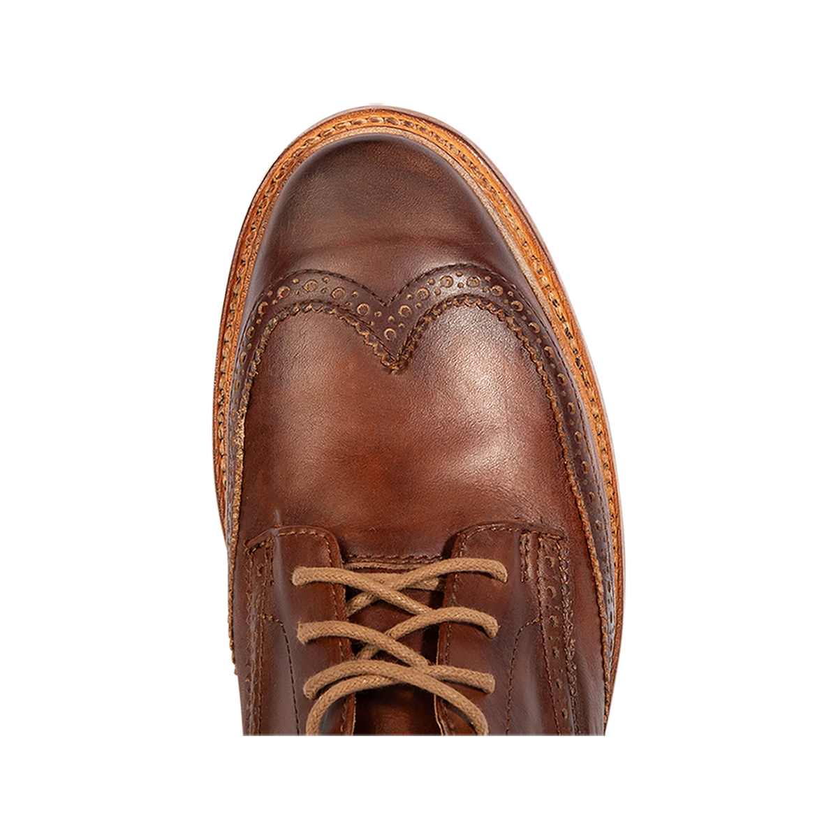 Top view showing FREEBIRD men's Kensington cognac lace dress wingtip toe 