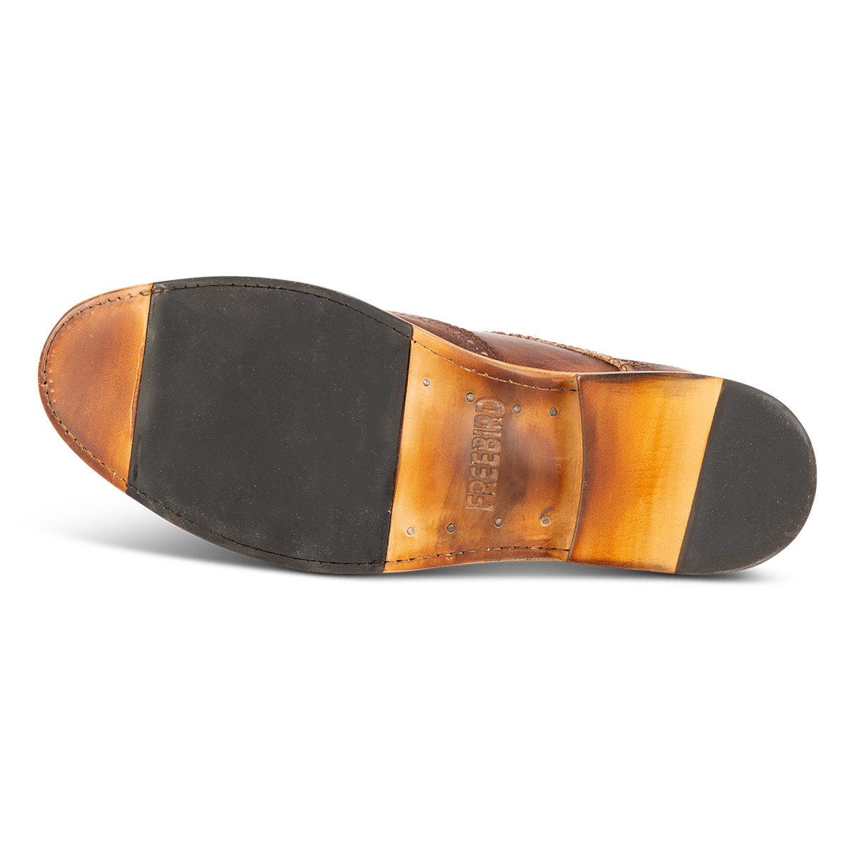 Leather and rubber sole imprinted with FREEBIRD on men's Kensington cognac leather dress shoe 