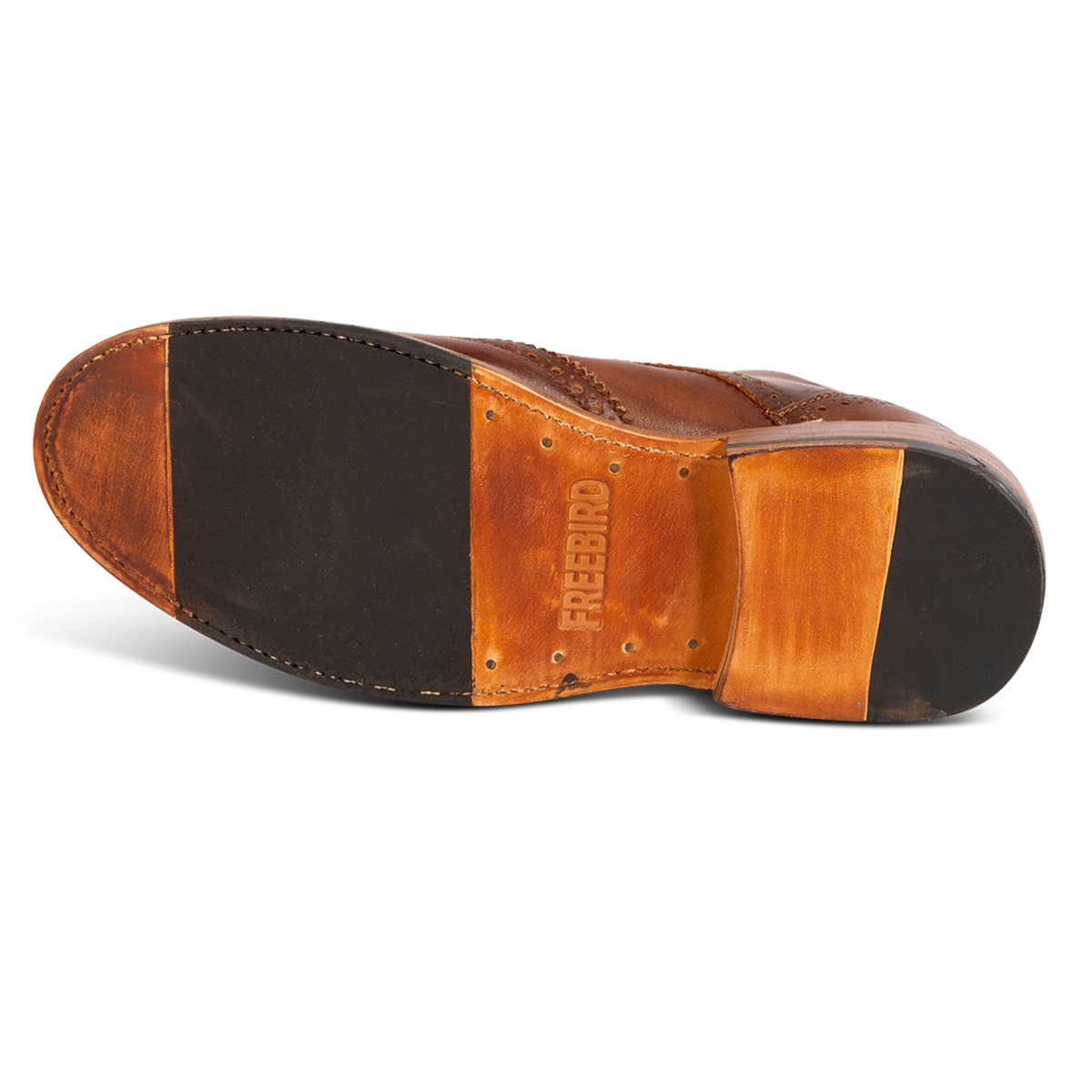 Leather and rubber sole imprinted with FREEBIRD on men's Kensington cognac leather dress shoe 