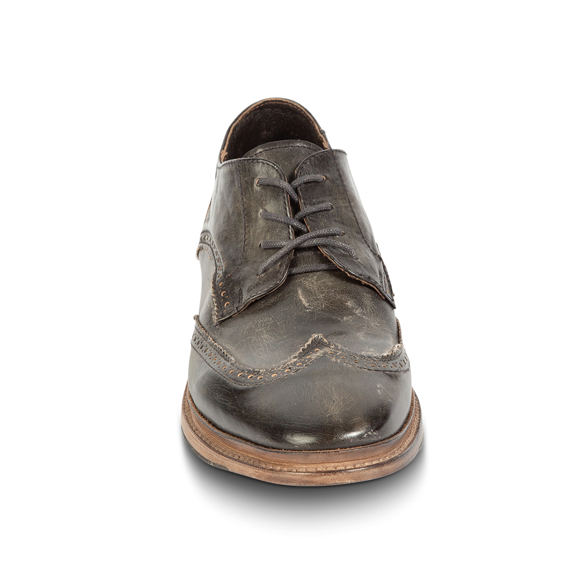 Front view showing FREEBIRD men's Kensington olive lace dress shoe with an wingtip toe 