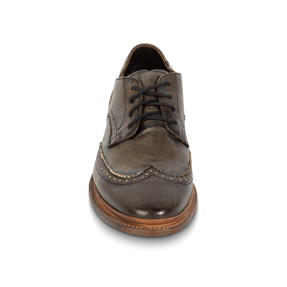 Front view showing FREEBIRD men's Kensington olive lace dress shoe with an wingtip toe 