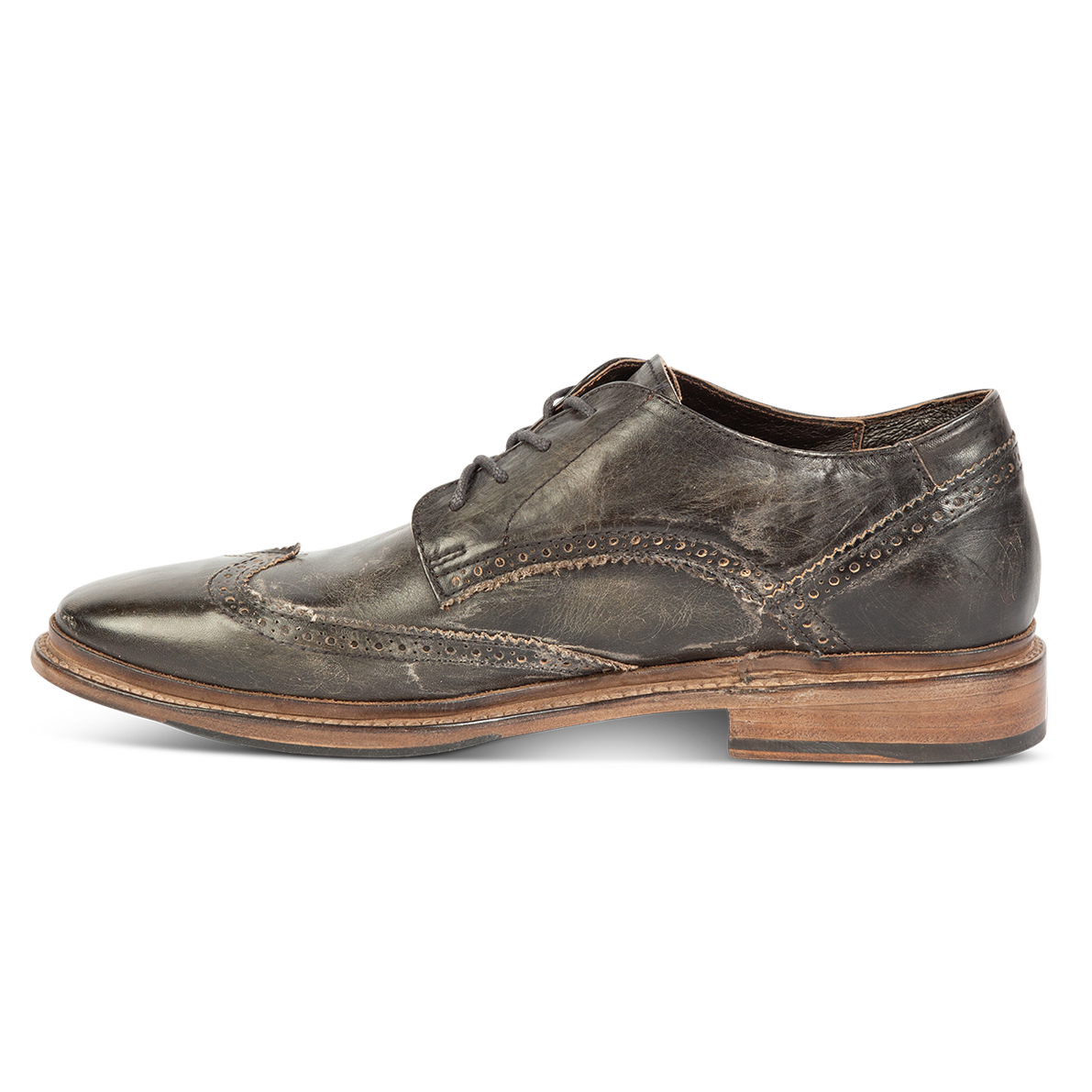 Inside view showing FREEBIRD men's Kensington olive lace dress shoe with an wingtip toe on a low heel