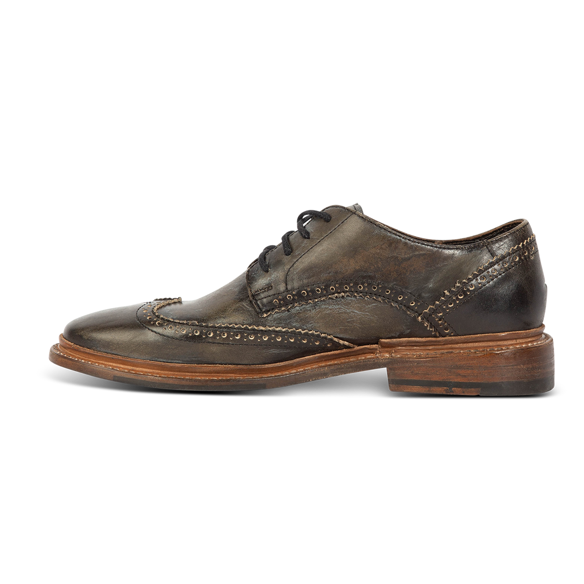 Inside view showing FREEBIRD men's Kensington olive lace dress shoe with an wingtip toe on a low heel