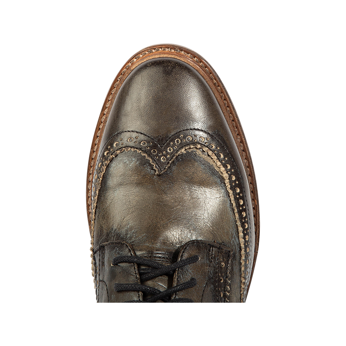 Top view showing FREEBIRD men's Kensington olive lace dress wingtip toe 
