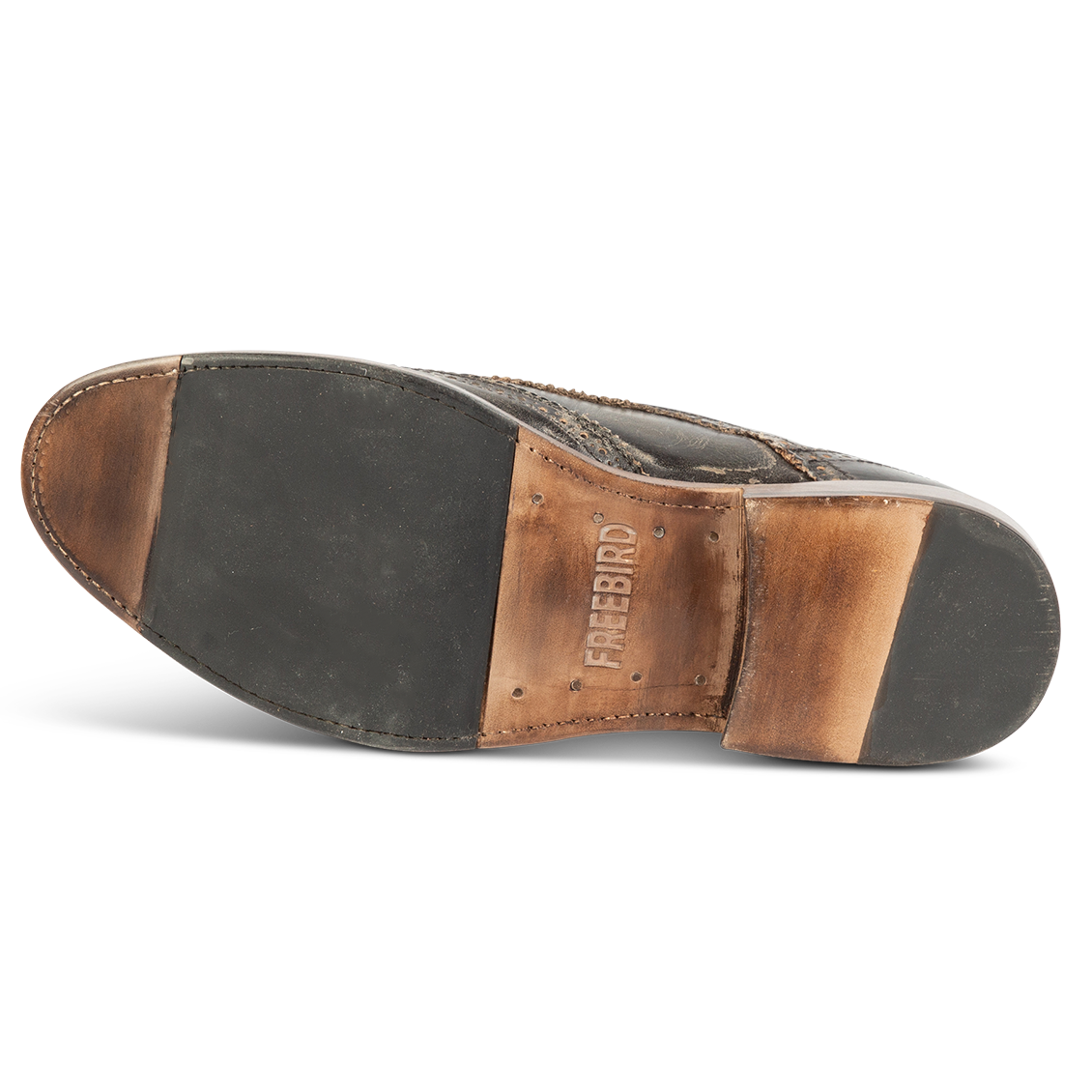 Leather and rubber sole imprinted with FREEBIRD on men's Kensington olive leather dress shoe 