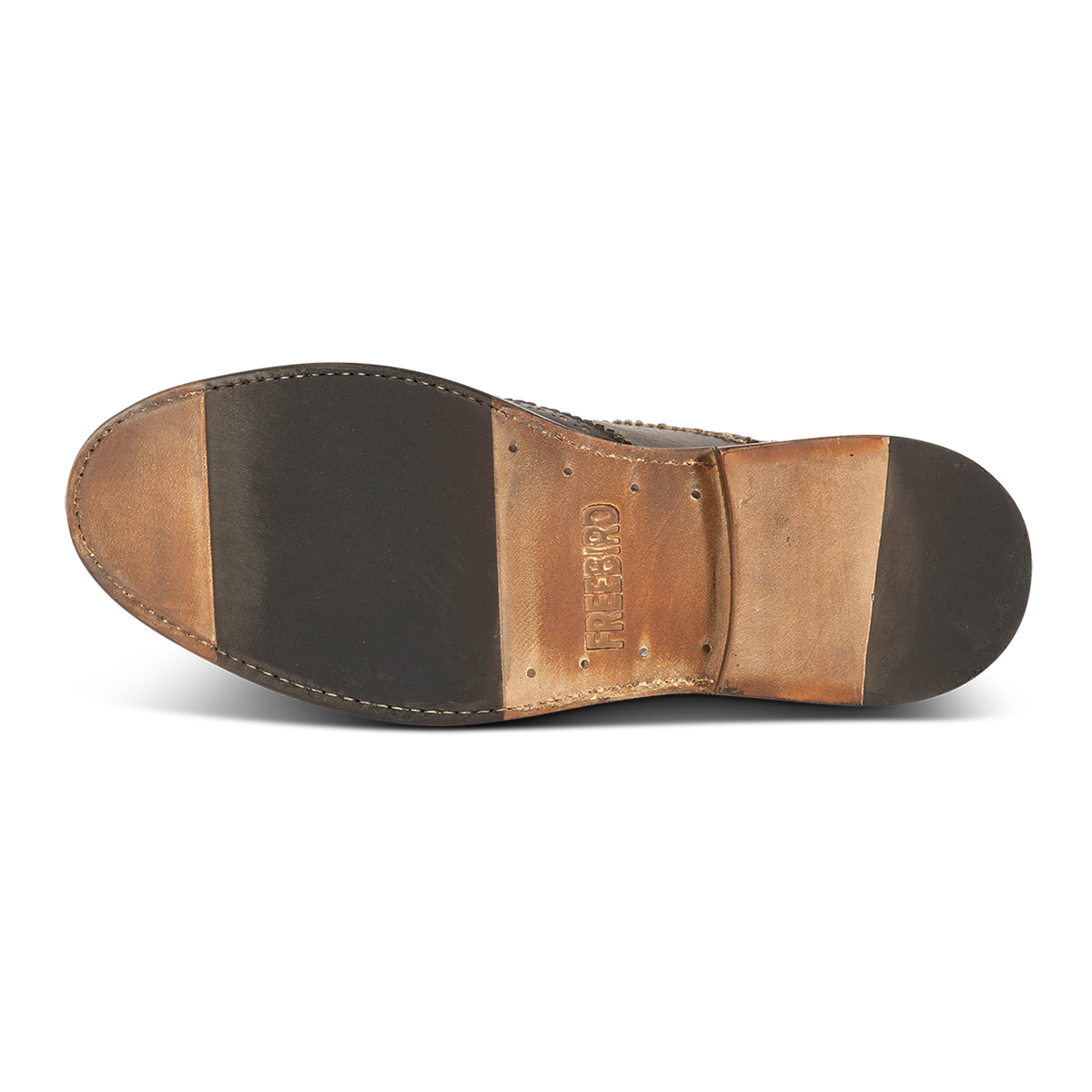 Leather and rubber sole imprinted with FREEBIRD on men's Kensington olive leather dress shoe 