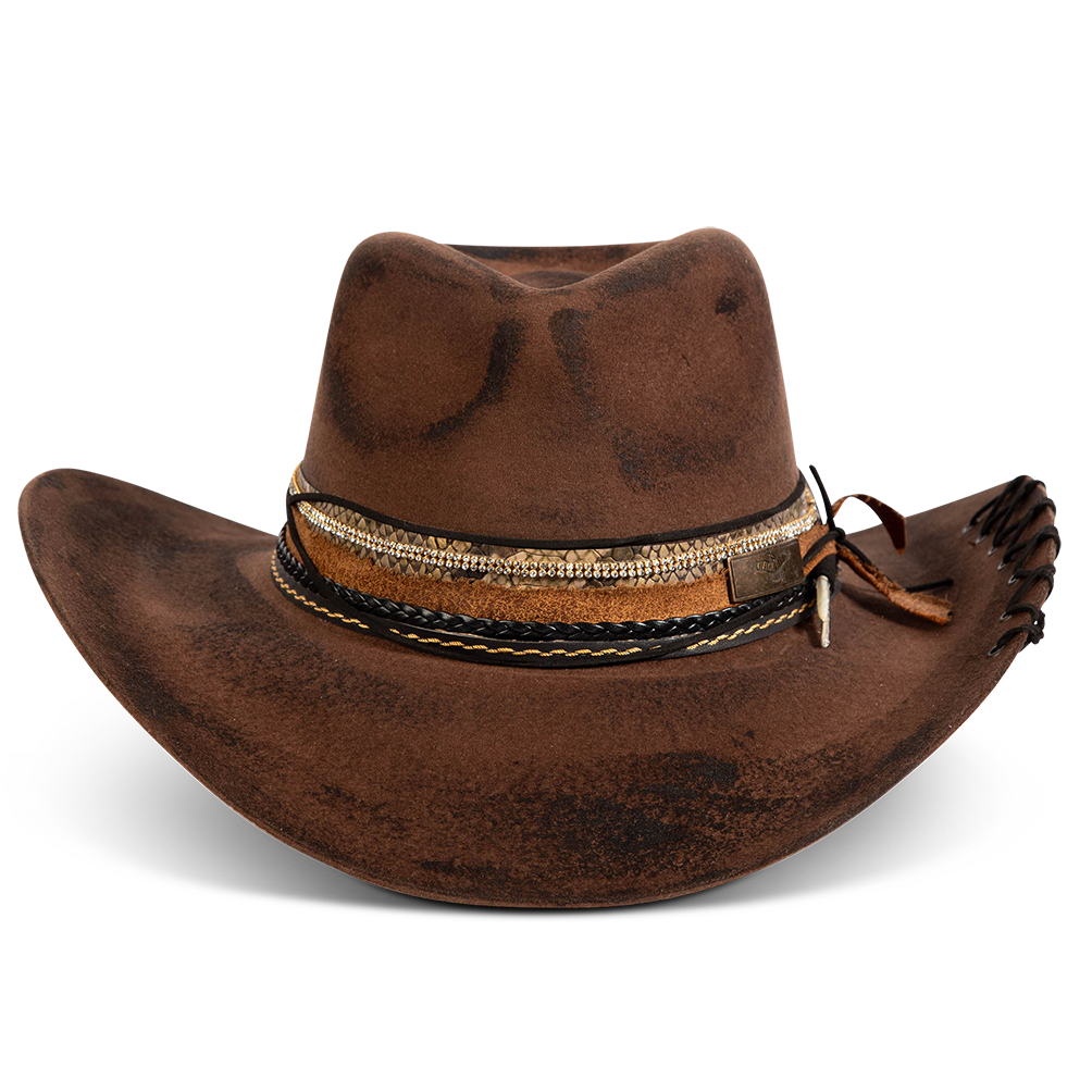 FREEBIRD Kit wool brown hat with a curved brim, pinched teardrop crown and decorated brim