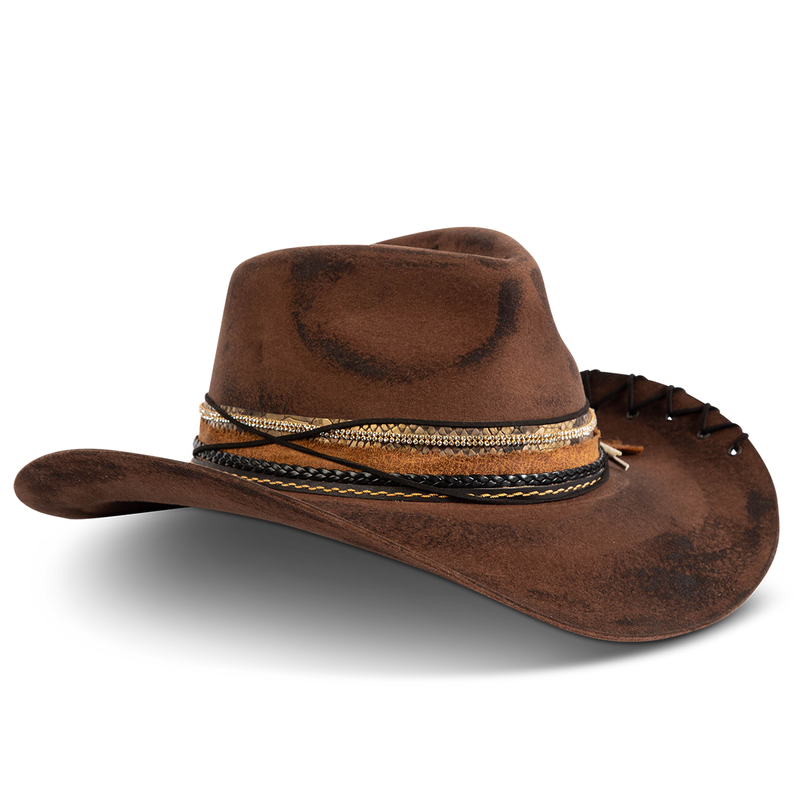 Side view showing FREEBIRD Kit wool brown hat with a curved brim, pinched teardrop crown and decorated brim