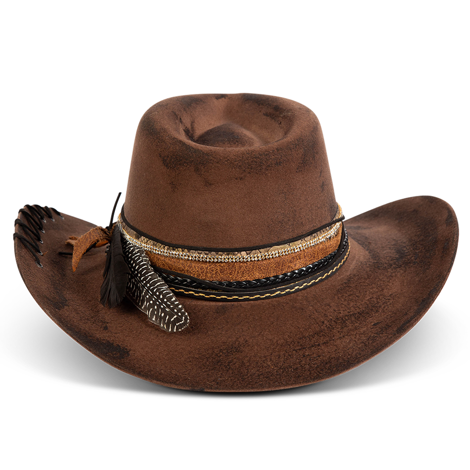 Back view showing FREEBIRD Kit wool brown hat with a curved brim, pinched teardrop crown and decorated brim