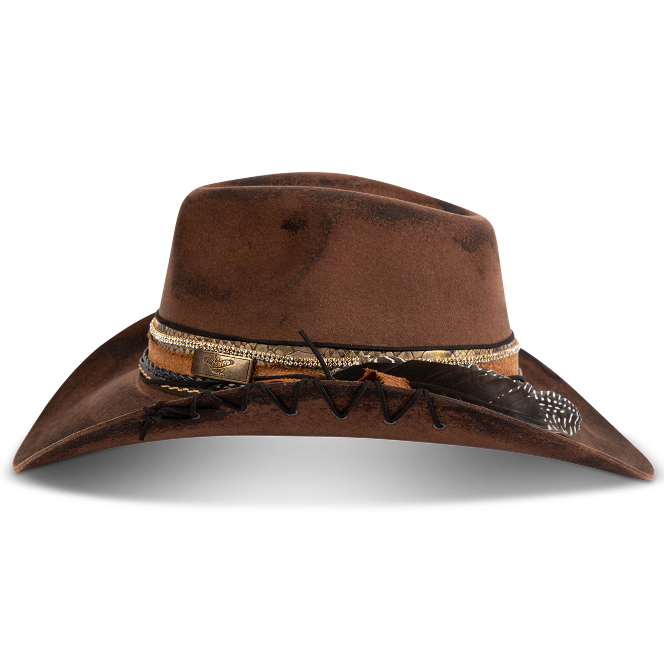 Side view showing FREEBIRD Kit wool brown hat with a curved brim, pinched teardrop crown and decorated brim