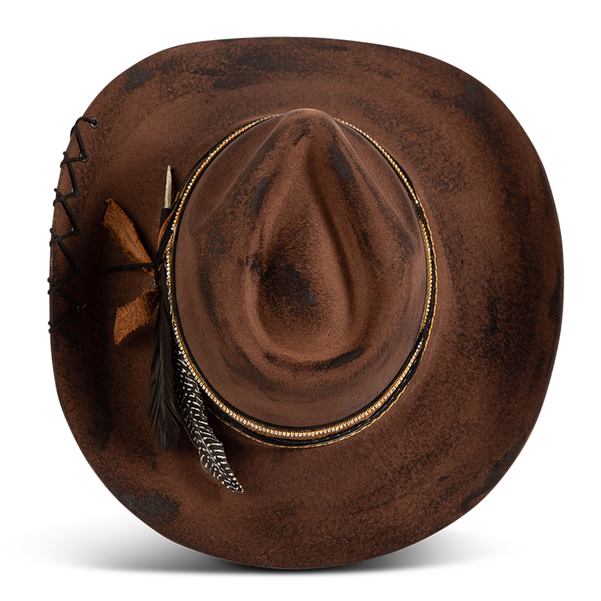 Top view showing FREEBIRD Kit wool brown hat with a curved brim, pinched teardrop crown and decorated brim