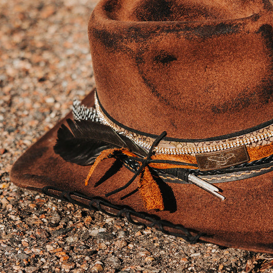 FREEBIRD Kit wool brown hat with a curved brim, pinched teardrop crown and decorated brim