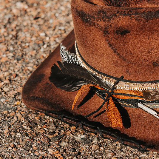 FREEBIRD Kit wool brown hat with a curved brim, pinched teardrop crown and decorated brim