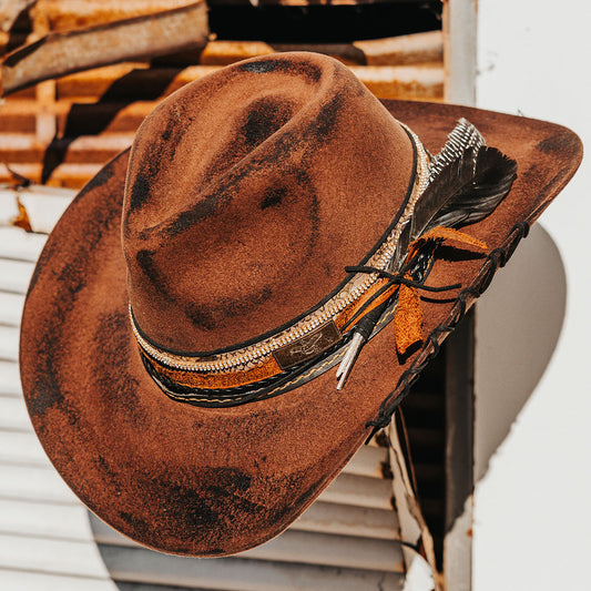 FREEBIRD Kit wool brown hat with a curved brim, pinched teardrop crown and decorated brim
