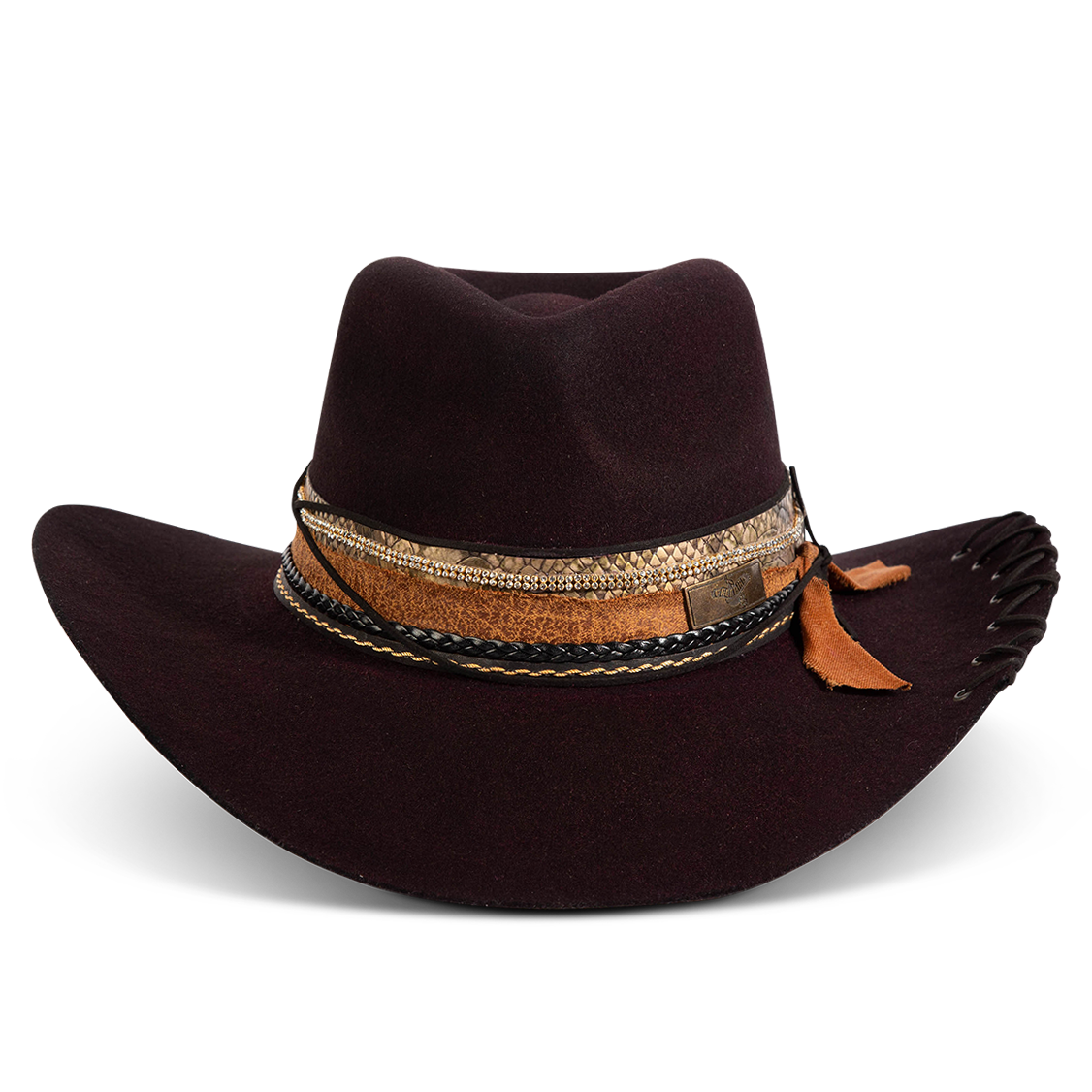 FREEBIRD Kit wool purple hat with a curved brim, pinched teardrop crown and decorated brim
