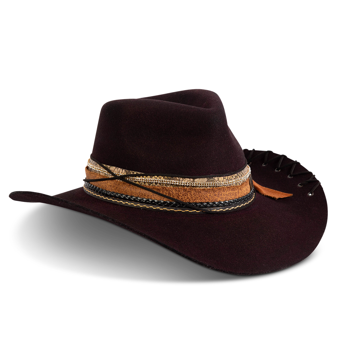 Side view showing FREEBIRD Kit wool purple hat with a curved brim, pinched teardrop crown and decorated brim