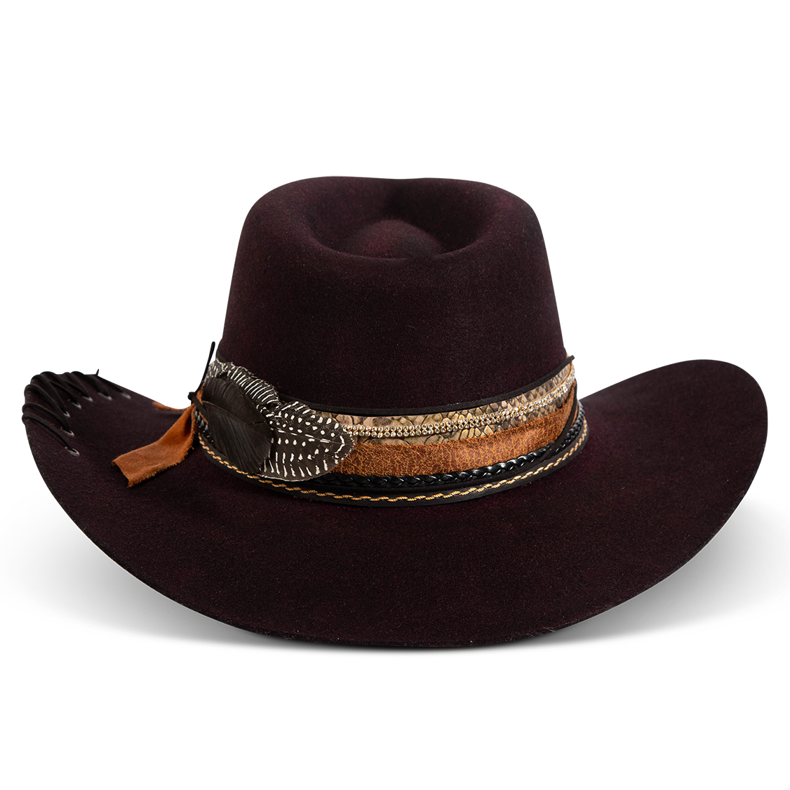 Back view showing FREEBIRD Kit wool purple hat with a curved brim, pinched teardrop crown and decorated brim