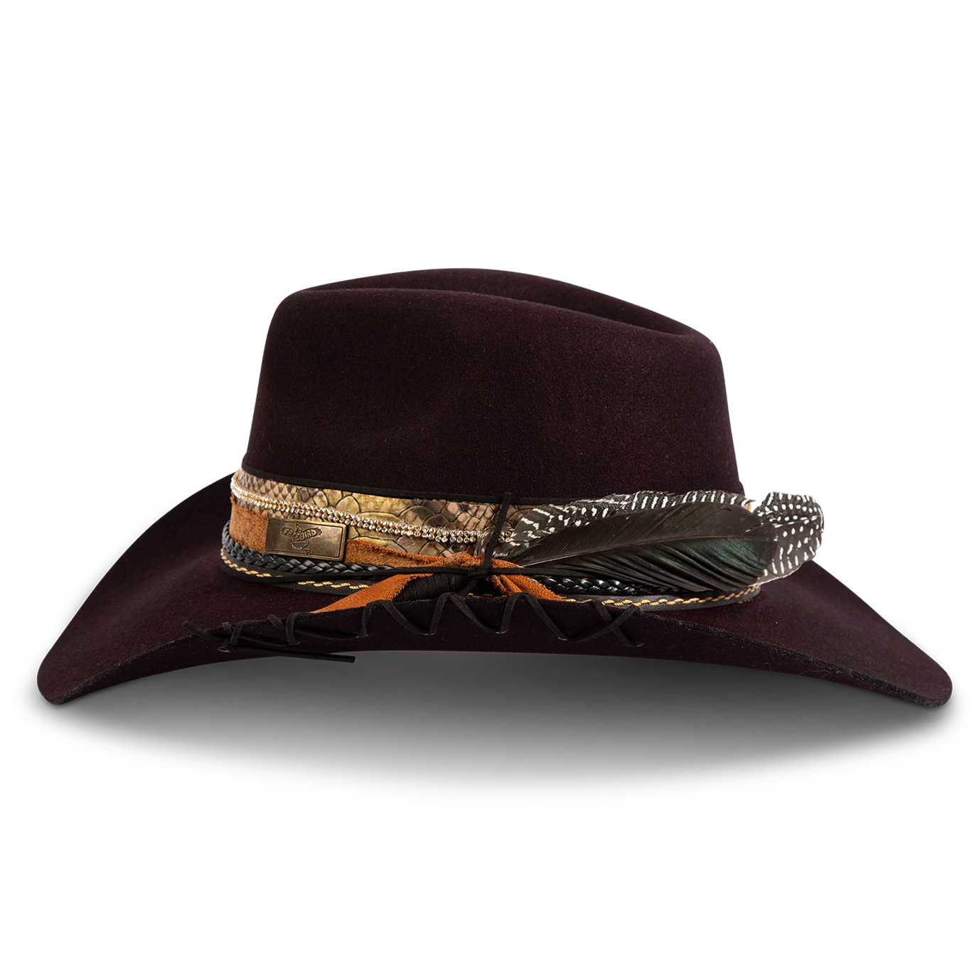 Side view showing FREEBIRD Kit wool purple hat with a curved brim, pinched teardrop crown and decorated brim