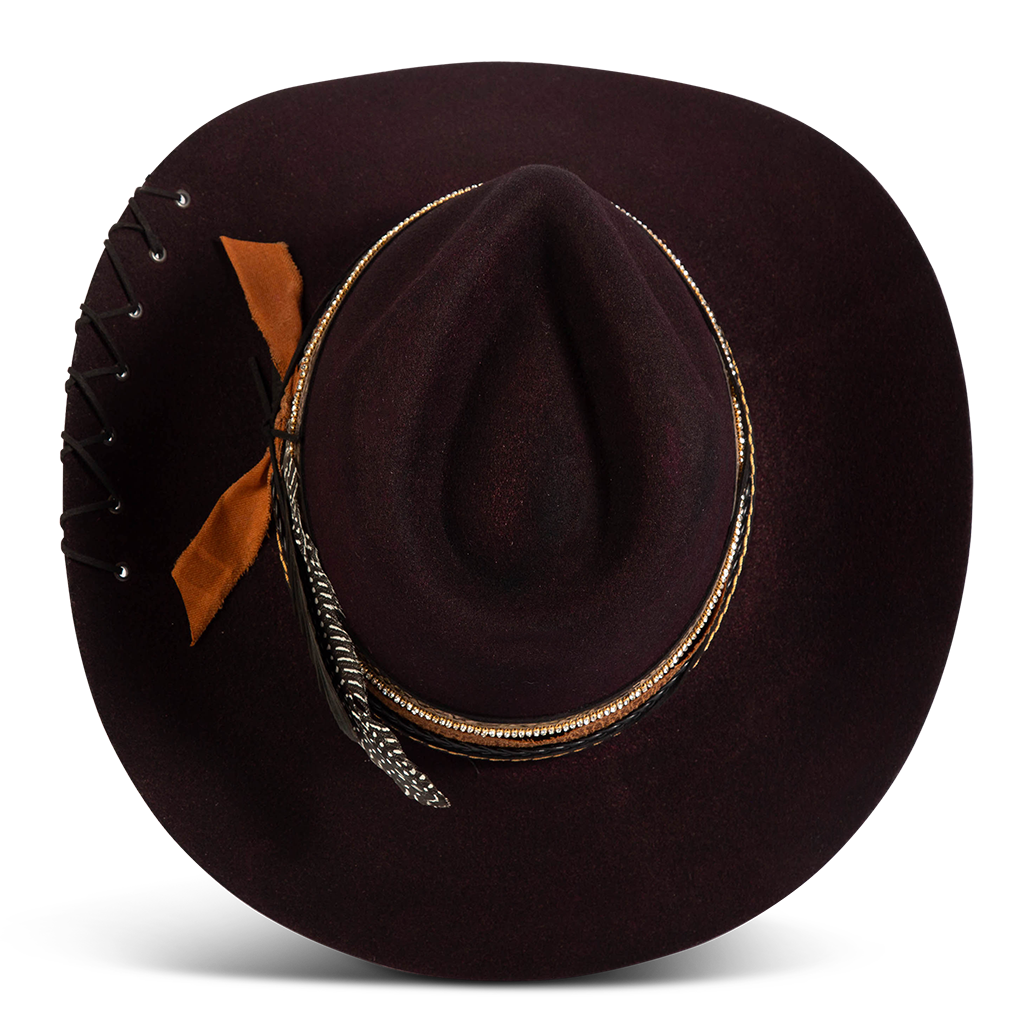 Top view showing FREEBIRD Kit wool purple hat with a curved brim, pinched teardrop crown and decorated brim