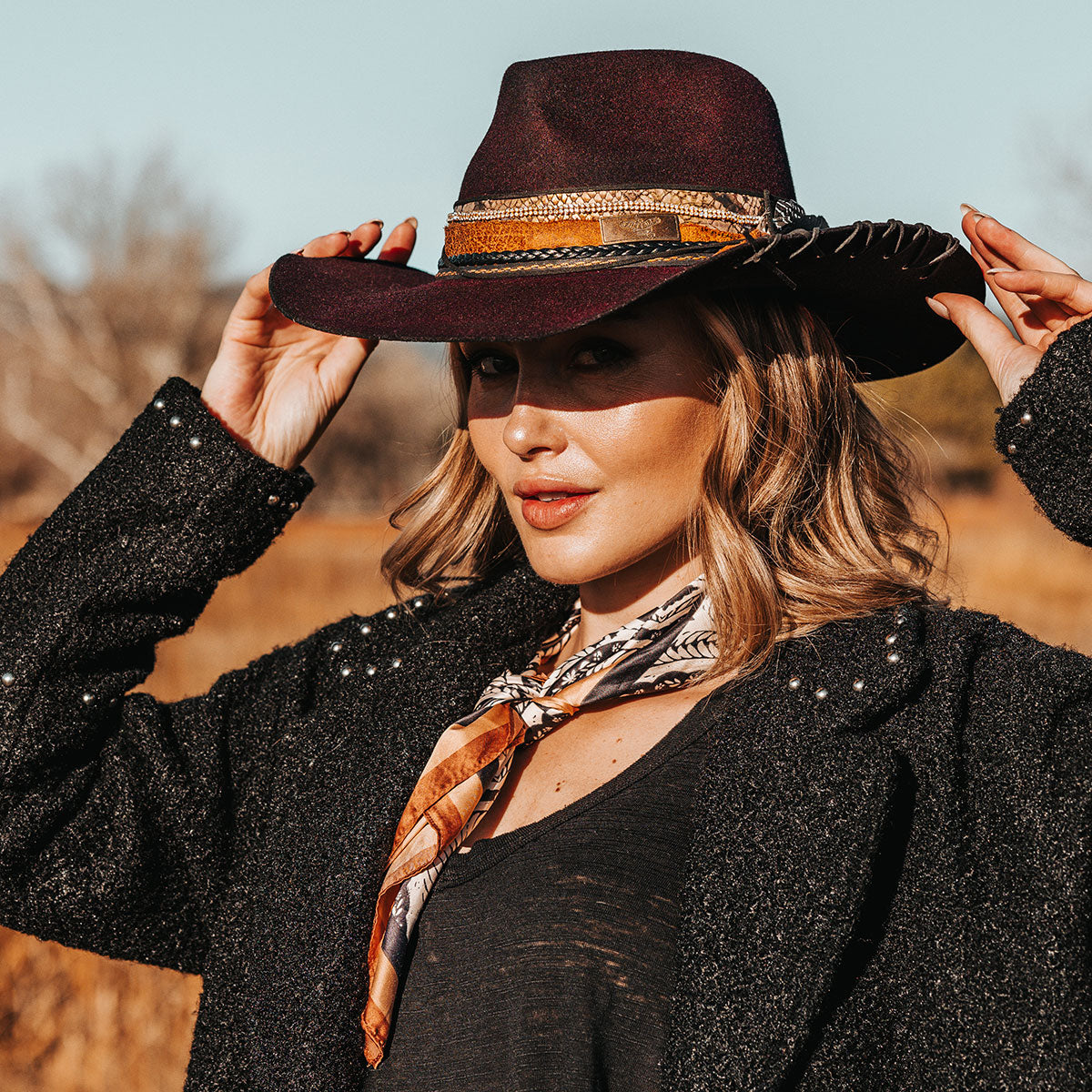 FREEBIRD Kit wool purple hat with a curved brim, pinched teardrop crown and decorated brim lifestyle