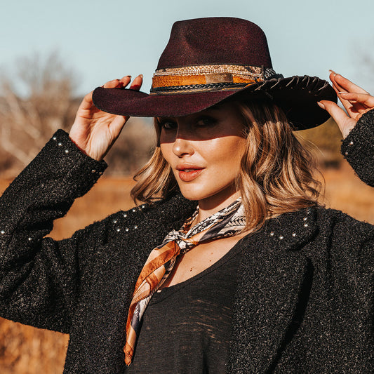 FREEBIRD Kit wool purple hat with a curved brim, pinched teardrop crown and decorated brim lifestyle
