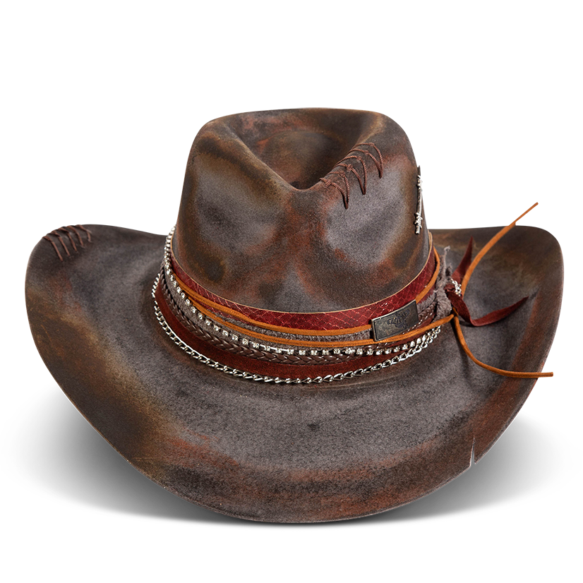 FREEBIRD Knox blue wool hat with a curved brim, pinch tear drop crown and decorated brim