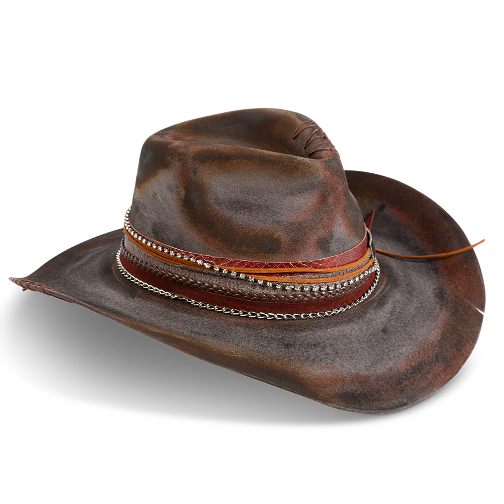 Side view showing FREEBIRD Knox blue wool hat with a curved brim, pinch tear drop crown and decorated brim