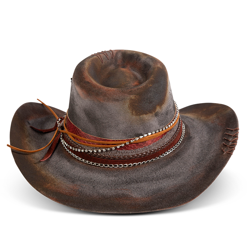 Back view showing FREEBIRD Knox blue wool hat with a curved brim, pinch tear drop crown and decorated brim