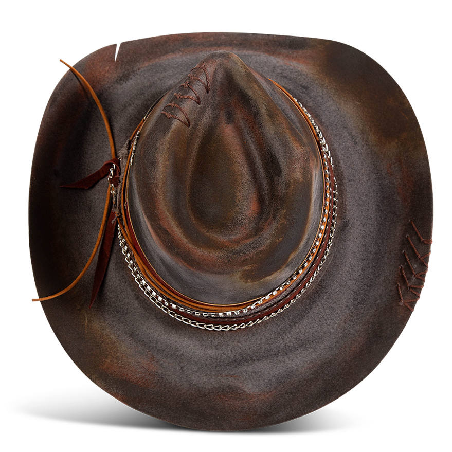 Top view showing FREEBIRD Knox blue wool hat with a curved brim, pinch tear drop crown and decorated brim