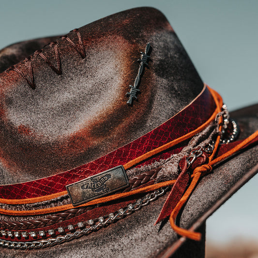 FREEBIRD Knox blue wool hat with a curved brim, pinch tear drop crown and decorated brim