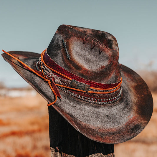 FREEBIRD Knox blue wool hat with a curved brim, pinch tear drop crown and decorated brim