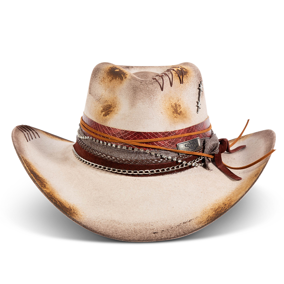FREEBIRD Knox grey wool hat with a curved brim, pinch tear drop crown and decorated brim