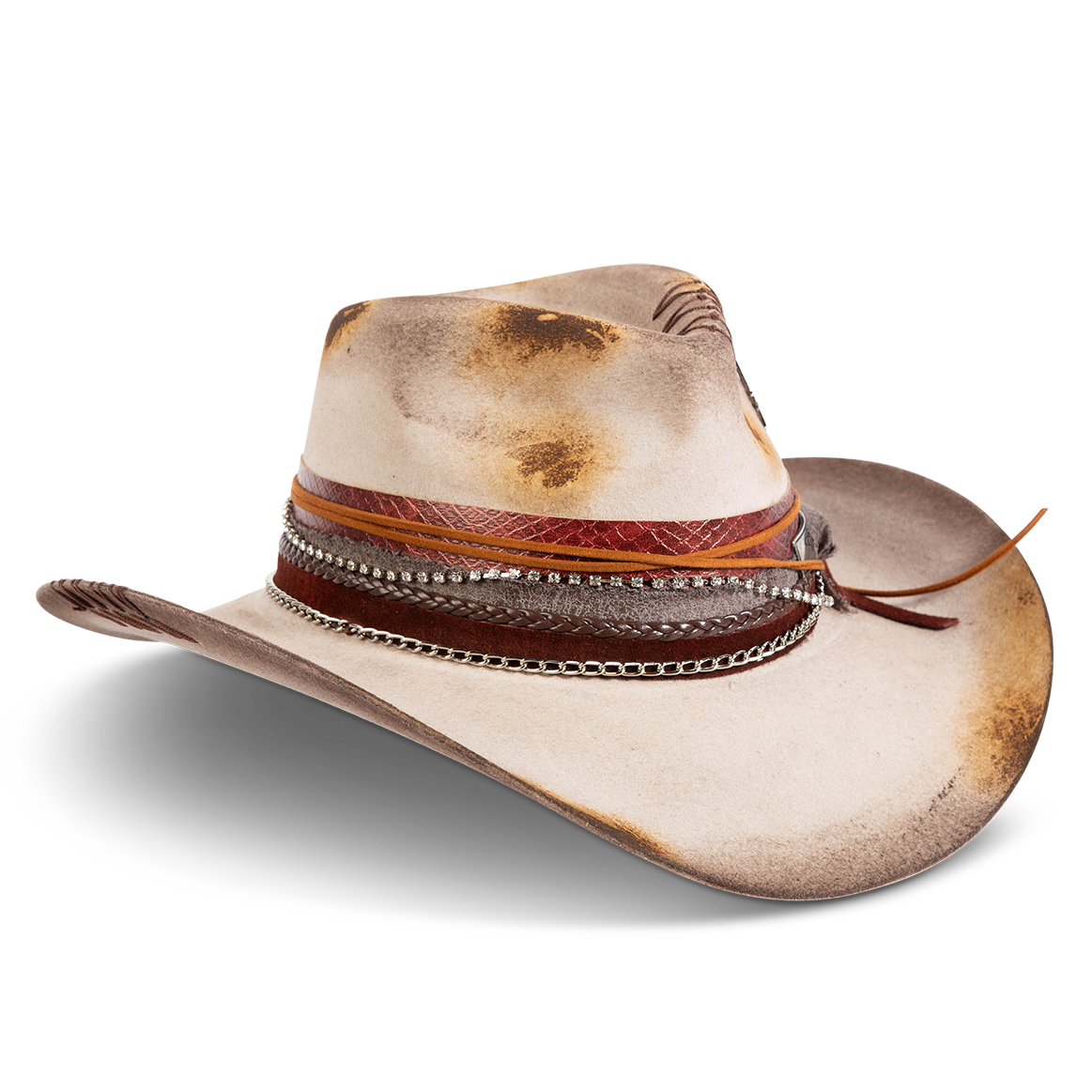 Side view showing FREEBIRD Knox grey wool hat with a curved brim, pinch tear drop crown and decorated brim