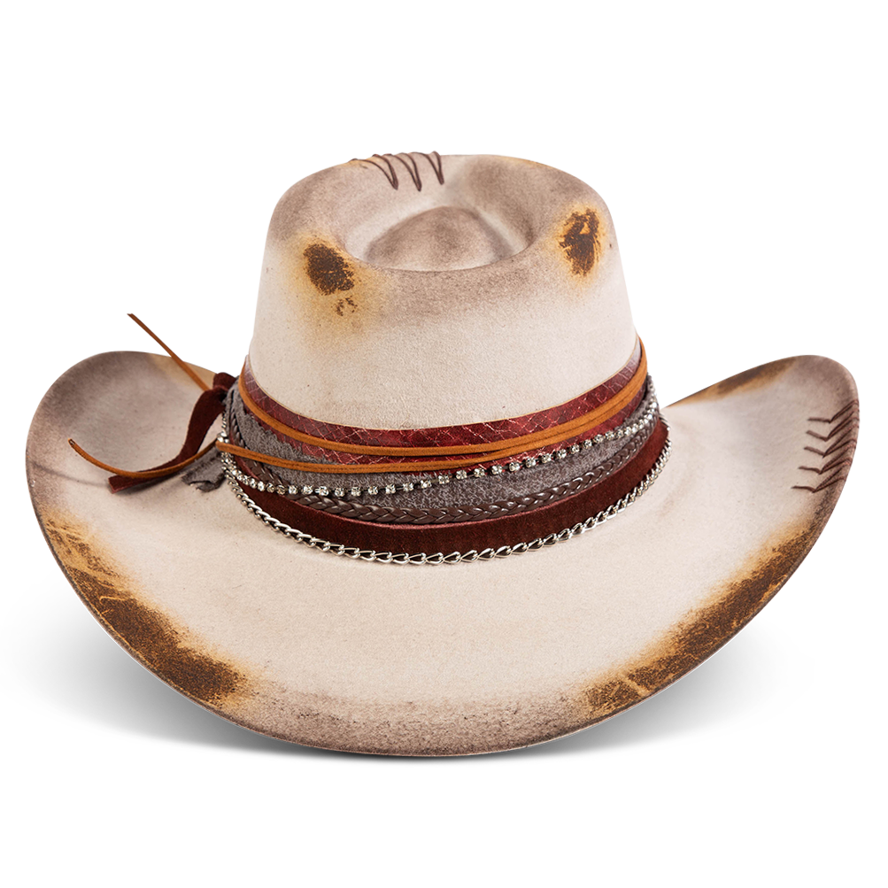 Back view showing FREEBIRD Knox grey wool hat with a curved brim, pinch tear drop crown and decorated brim