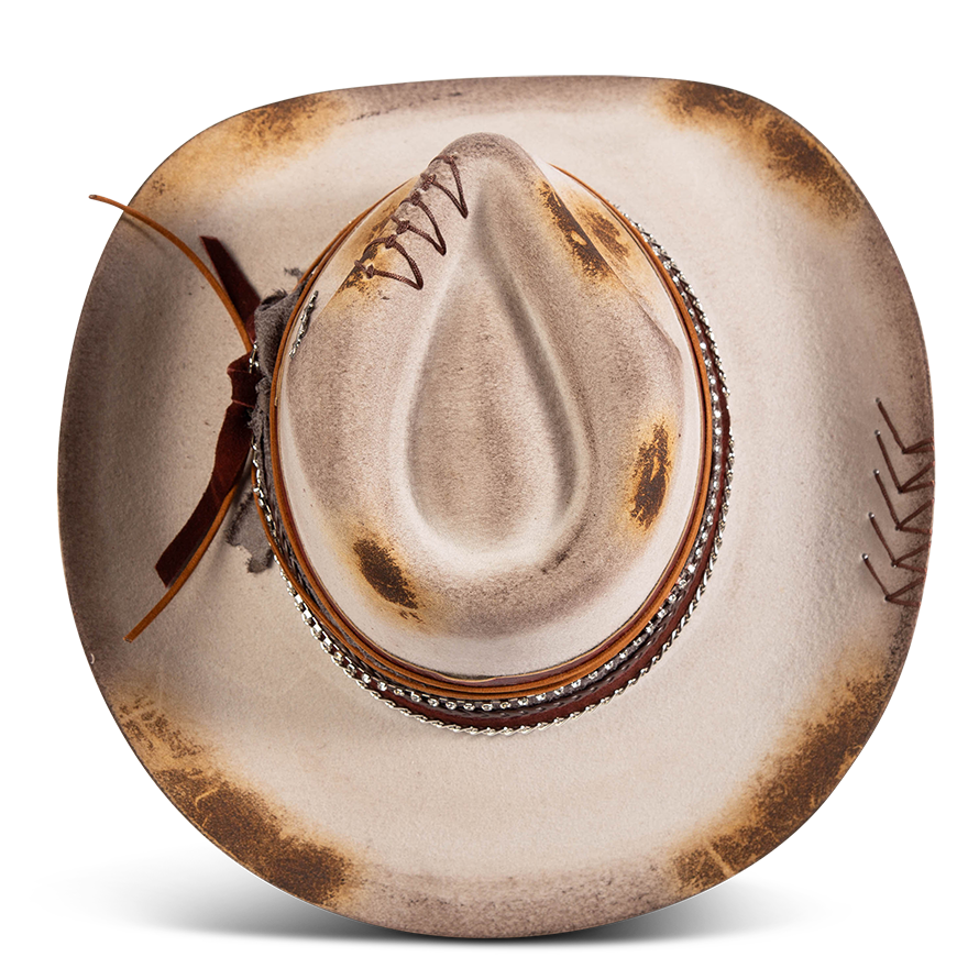 Top view showing FREEBIRD Knox grey wool hat with a curved brim, pinch tear drop crown and decorated brim