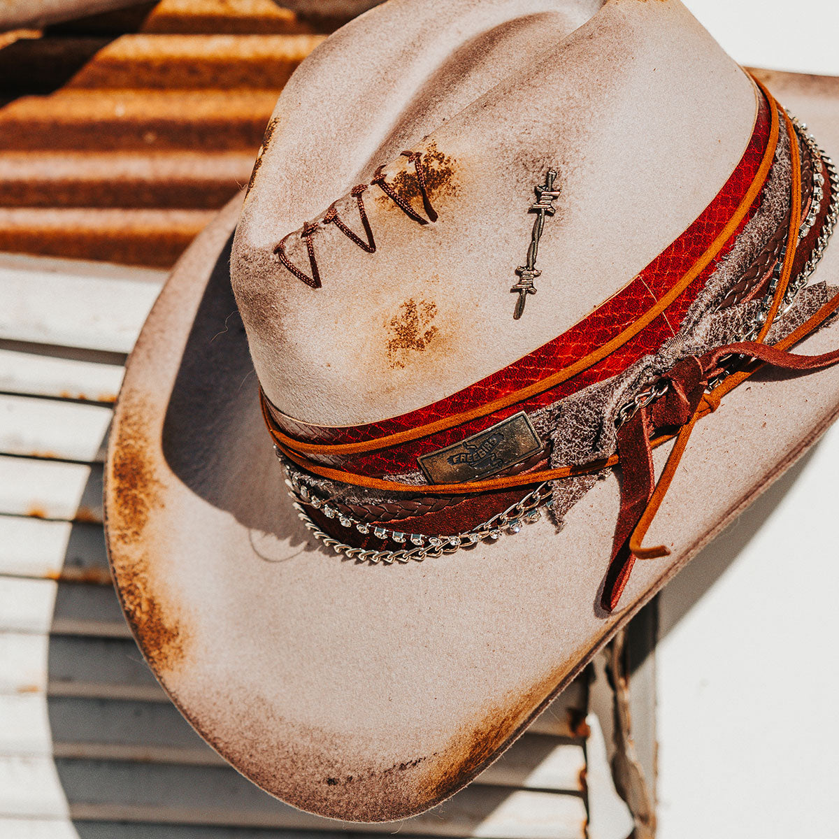 FREEBIRD Knox grey wool hat with a curved brim, pinch tear drop crown and decorated brim