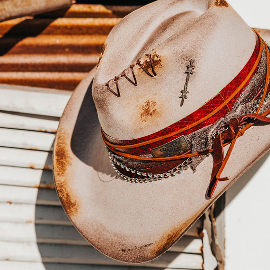 FREEBIRD Knox grey wool hat with a curved brim, pinch tear drop crown and decorated brim