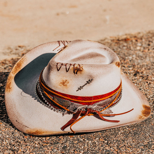 FREEBIRD Knox grey wool hat with a curved brim, pinch tear drop crown and decorated brim