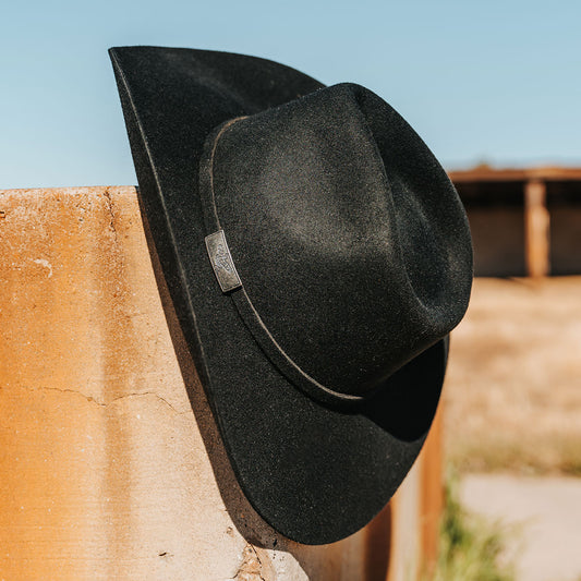 FREEBIRD women's Kolten black wool hat with a curved brim, front pinch crown and silk bandana interior product