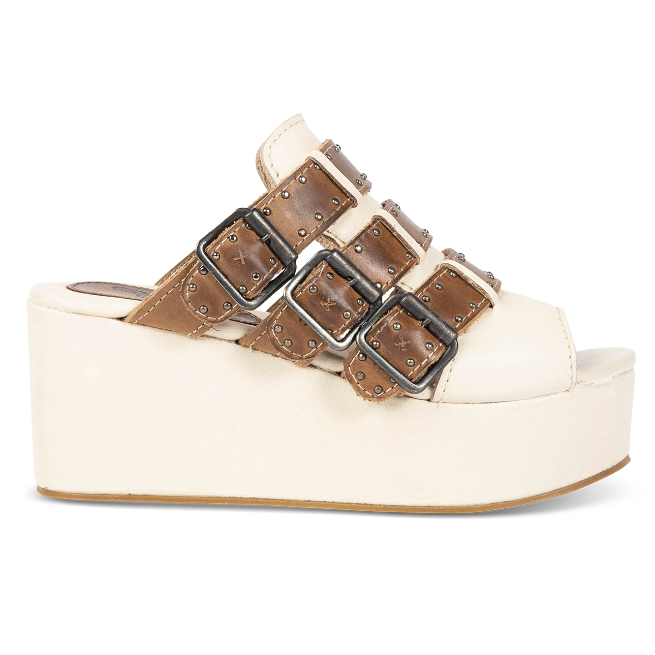 FREEBIRD women's Landi beige slip-on sandal with adjustable straps and platform heel