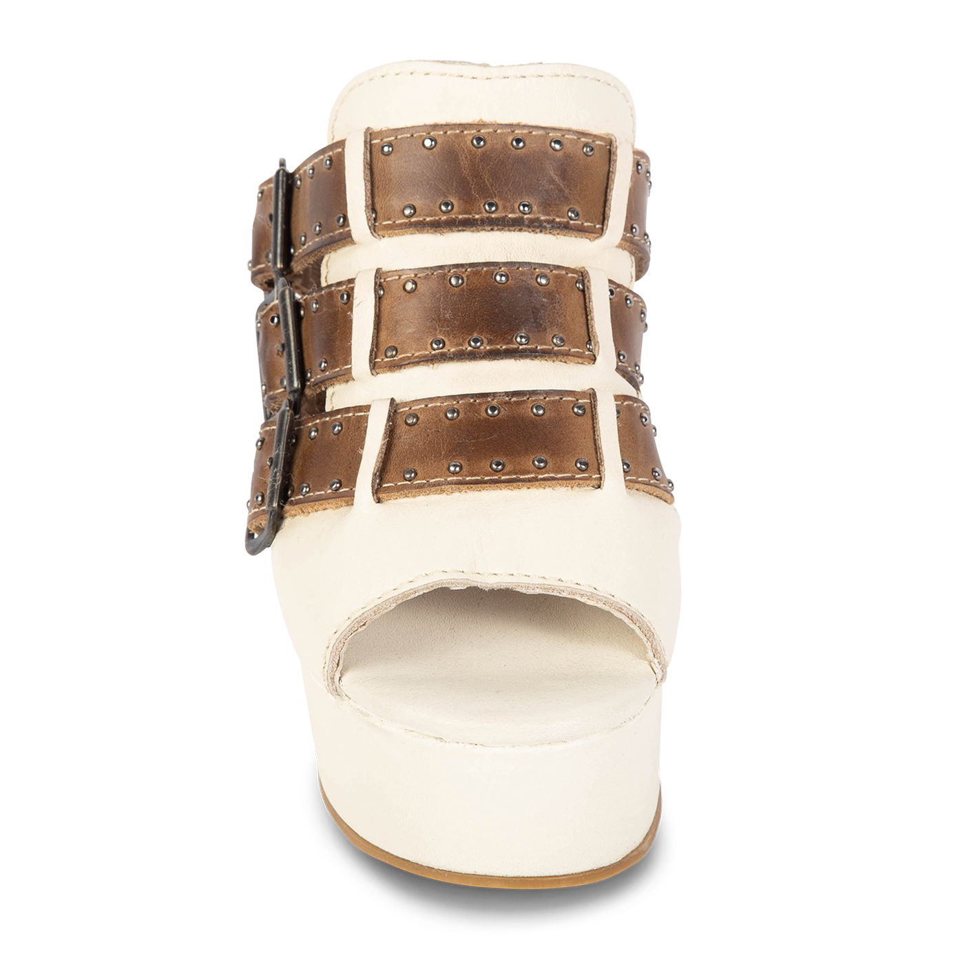 Front view showing adjustable buckles on FREEBIRD women's Landi beige platform sandal