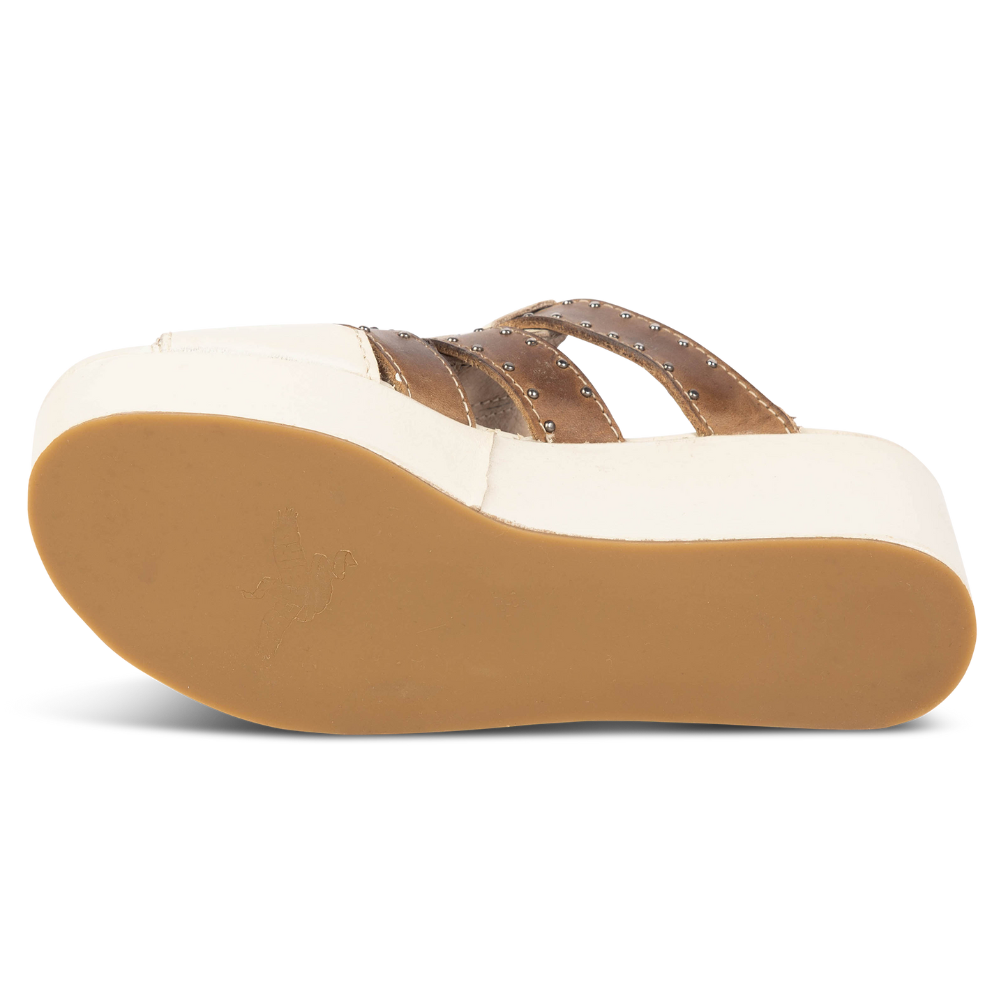 Rubber sole imprinted with FREEBIRD on women's Landi beige platform sandal