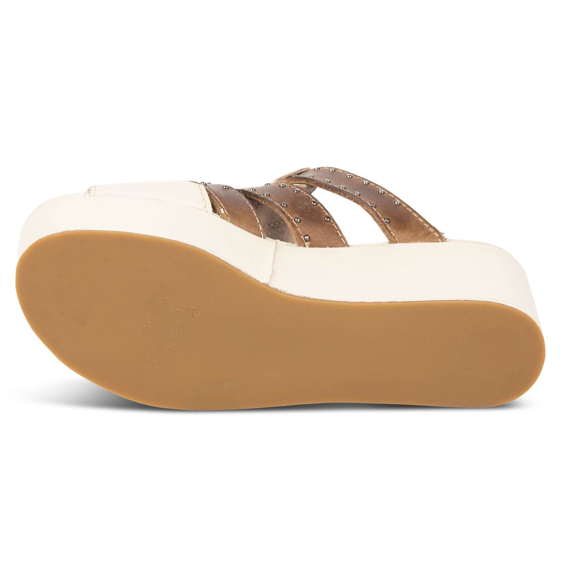 Rubber sole imprinted with FREEBIRD on women's Landi beige platform sandal
