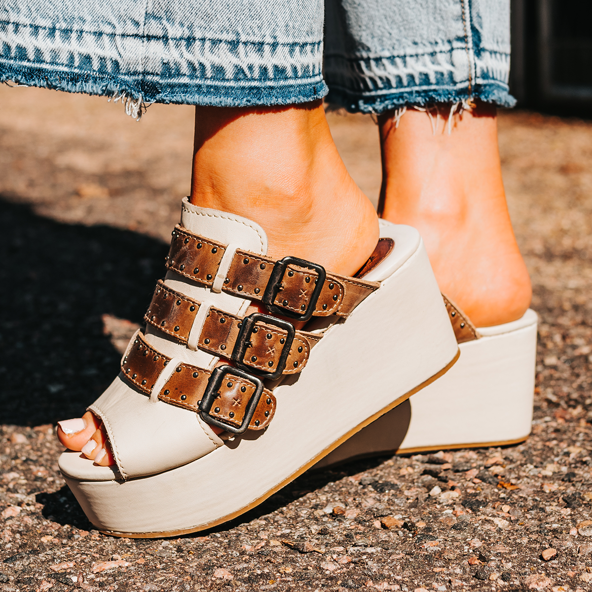 FREEBIRD women's Landi beige slip-on sandal with adjustable straps and platform heel