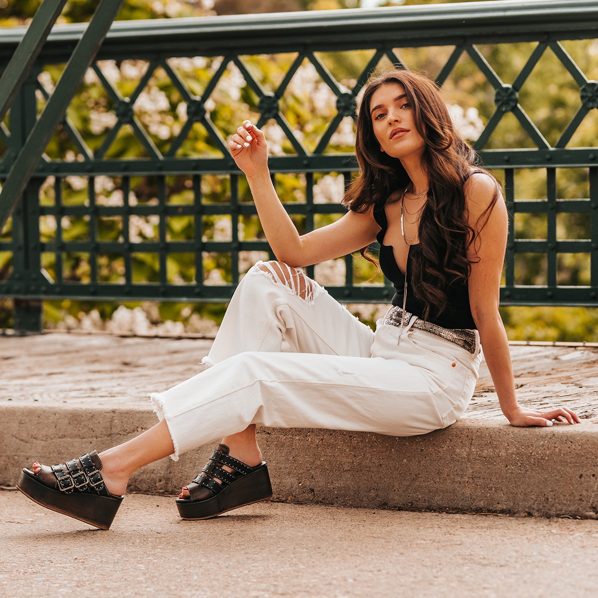 FREEBIRD women's Landi black slip-on sandal with adjustable straps and platform heel lifestyle